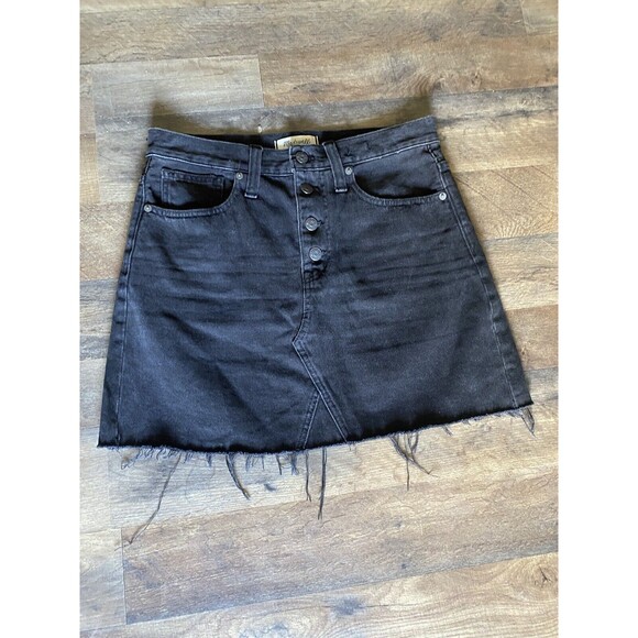 Madewell Raw Hem Denim A-Line Mini Skirt Womens 27 Black Lunar Wash Button Front - Picture 1 of 6